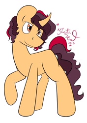 Size: 724x1024 | Tagged: safe, artist:rosexknight, oc, oc only, oc:aureo, pony, unicorn, curved horn, solo