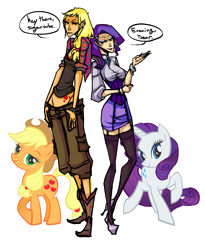 Size: 1685x2053 | Tagged: safe, artist:jokerful, applejack, rarity, earth pony, pony, unicorn, female, horn, humanized, mare