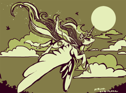 Size: 1200x881 | Tagged: safe, artist:mocha-shortcake, princess celestia, alicorn, pony, flying, large wings, monochrome, moon, pixiv, solo