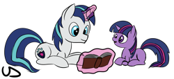 Size: 2413x1096 | Tagged: safe, artist:uber-dragon, shining armor, twilight sparkle, pony, unicorn, book, magic, reading, simple background, telekinesis, transparent background