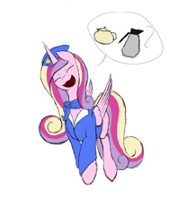 Size: 1500x2000 | Tagged: safe, artist:sneopony, princess cadance, alicorn, pony, cheerful, clothes, coffee, simple background, solo, stewardess, tea, uniform