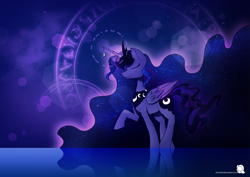 Size: 1599x1131 | Tagged: safe, artist:simonk0, princess luna, alicorn, pony, eyes closed, magic, magic circle, raised hoof, reflection, solo, stars