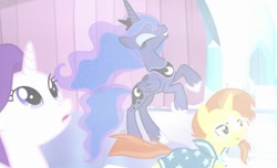 Size: 983x597 | Tagged: safe, screencap, princess luna, rarity, sunburst, alicorn, pony, unicorn, the crystalling, eyes closed, happy, hoofy-kicks, rearing