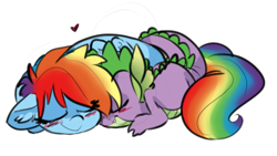 Size: 481x271 | Tagged: safe, artist:xenon, rainbow dash, spike, dragon, pegasus, pony, blushing, cute, female, heart, male, rainbowspike, shipping, straight