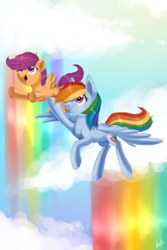 Size: 1068x1596 | Tagged: safe, artist:lightning-stars, rainbow dash, scootaloo, pegasus, pony, g4, cloud, cloudy, flying, rainbow, scootalove