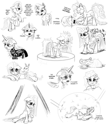 Size: 4500x5140 | Tagged: safe, artist:chopsticks, derpibooru import, pear butter, pinkie pie, starlight glimmer, trixie, twilight sparkle, twilight sparkle (alicorn), alicorn, earth pony, pegasus, pony, unicorn, a royal problem, father knows beast, filli vanilli, hurricane fluttershy, no second prances, once upon a zeppelin, party of one, the ending of the end, the perfect pear, yakity-sax, bone, cheek fluff, chest fluff, crying, decaying, depressed, dialogue, drink, ear fluff, faceplant, female, flower, food, grayscale, heart, heartbreak, lying down, mare, monochrome, pinkamena diane pie, shield, sitting, sketch, tea, text, unshorn fetlocks, x-ray
