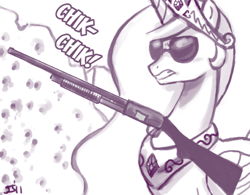 Size: 495x386 | Tagged: safe, artist:johnjoseco, princess celestia, alicorn, pony, cropped, gun, monochrome, princess molestia, shotgun, solo, weapon