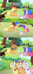 Size: 500x1111 | Tagged: safe, apple bloom, applejack, scootaloo, sweetie belle, earth pony, pony, troll, comic, cutie mark, rage face, trollface