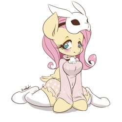 Size: 1000x1000 | Tagged: safe, artist:grimbloody, fluttershy, anthro, unguligrade anthro, animal costume, breasts, bunny costume, clothes, costume, cute, female, hootershy, mask, shyabetes, simple background, solo, stockings, thigh highs, white background