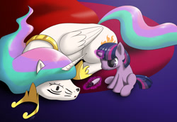 Size: 1600x1103 | Tagged: safe, artist:skecchiart, princess celestia, twilight sparkle, unicorn twilight, alicorn, pony, unicorn, :o, blank flank, crown, cute, cutelestia, duo, eyes closed, face doodle, female, filly, filly twilight sparkle, funny, funny as hell, glowing horn, hoof shoes, jewelry, levitation, magic, majestic as fuck, mare, marker, missing cutie mark, momlestia, prone, regalia, silly, silly pony, sleeping, smiling, sweet dreams fuel, telekinesis, this will end in laughs, this will end in tears and/or a journey to the moon, twiabetes, younger