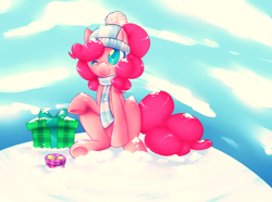 Size: 1000x743 | Tagged: safe, artist:crispycreme, pinkie pie, earth pony, pony, beanie, clothes, colored pupils, cute, diapinkes, hat, present, scarf, snow, solo, winter