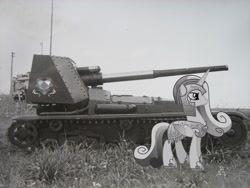 Size: 2592x1944 | Tagged: safe, artist:kohlenklau, artist:theshadowstone, edit, princess cadance, armor, black and white, grayscale, irl, monochrome, photo, ponies in real life, self-propelled gun, semovente 90/53, world war ii