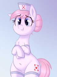 Size: 808x1088 | Tagged: safe, artist:toroitimu, nurse redheart, earth pony, pony, clothes, cute, female, heartabetes, mare, nurse, simple background, smiling, solo, stockings, thigh highs