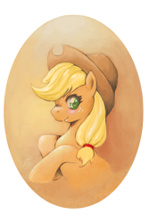 Size: 950x1425 | Tagged: dead source, safe, artist:bloo-ocean, applejack, earth pony, pony, bust, colored pupils, profile, solo