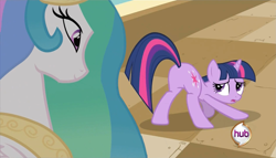 Size: 1869x1066 | Tagged: safe, edit, edited screencap, screencap, princess celestia, twilight sparkle, alicorn, pony, unicorn, a canterlot wedding, ass up, female, hub logo, mare, twibutt