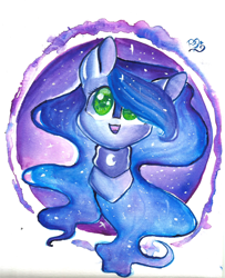 Size: 1630x2008 | Tagged: safe, artist:prettyshinegp, princess luna, alicorn, pony, bust, colored pupils, cute, looking up, missing horn, open mouth, portrait, smiling, solo, traditional art, watercolor painting