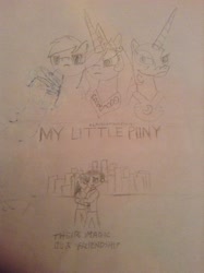 Size: 1936x2592 | Tagged: safe, nightmare moon, princess celestia, rainbow dash, alicorn, pegasus, pony, bayformers, bumblebee, crossover, megatron, monochrome, optimus prime, parody, traditional art, transformers