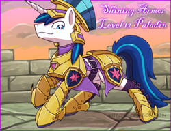 Size: 1039x800 | Tagged: safe, artist:kitfox-crimson, shining armor, pony, unicorn, armor, dungeons and dragons, fantasy class, knight, level 12, looking at you, paladin, raised hoof, smirk, solo, tabletop game, warrior