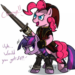 Size: 750x750 | Tagged: safe, artist:silentbutbeardly, pinkie pie, twilight sparkle, earth pony, pony, crossover, ponies riding ponies, riding, skyrim, sword, the elder scrolls, twilight is not amused, unamused