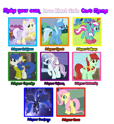 Size: 1600x1745 | Tagged: safe, artist:roxyloopsy255, derpibooru import, blueberry curls, bubblegum blossom, candy apples, fluttershy, lily lace, north point, princess luna, spring step, sunlight spring, trixie, alicorn, pegasus, pony, apple family member