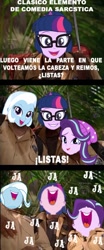 Size: 500x1207 | Tagged: safe, derpibooru import, sci-twi, starlight glimmer, trixie, twilight sparkle, equestria girls, george of the jungle, spanish, translation request