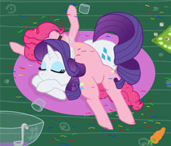 Size: 1000x850 | Tagged: safe, artist:melkekua, pinkie pie, rarity, earth pony, pony, unicorn, carrot, dice, food, punch (drink), punch bowl, sleeping