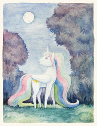 Size: 1458x1900 | Tagged: safe, artist:dahtamnay, princess celestia, alicorn, pony, looking up, moon, solo, traditional art, tree, watercolor painting