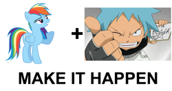 Size: 1131x600 | Tagged: safe, rainbow dash, pegasus, pony, all caps, black star, exploitable meme, make it happen, meme, soul eater