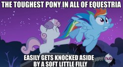 Size: 833x456 | Tagged: safe, edit, edited screencap, screencap, rainbow dash, sweetie belle, pegasus, pony, sleepless in ponyville, hub logo, image macro, shove, shoving