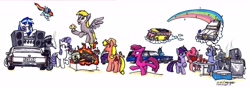 Size: 6472x2264 | Tagged: safe, artist:sketchywolf-13, applejack, berry punch, berryshine, derpy hooves, dj pon-3, pinkie pie, princess celestia, princess luna, rainbow dash, rarity, sweetie belle, twilight sparkle, vinyl scratch, zecora, oc, earth pony, pegasus, pony, unicorn, zebra, butt, car, cigarette, female, filly, fire, food, male, mare, muffin, plot, simple background, smoking, species swap, stallion, tongue out, white background