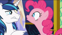 Size: 1366x768 | Tagged: safe, screencap, pinkie pie, shining armor, earth pony, pony, unicorn, the one where pinkie pie knows, discovery family logo, out of context