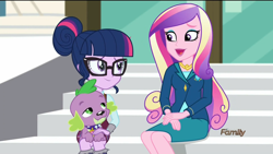 Size: 1920x1080 | Tagged: safe, screencap, dean cadance, princess cadance, sci-twi, spike, spike the regular dog, twilight sparkle, dog, equestria girls, friendship games, clothes, crystal prep academy uniform, discovery family logo, eye contact, female, male, open mouth, school uniform, sitting, skirt, smiling