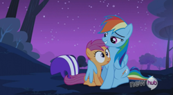 Size: 845x462 | Tagged: safe, screencap, rainbow dash, scootaloo, pegasus, pony, sleepless in ponyville, hub logo, lidded eyes, out of context, scootalove