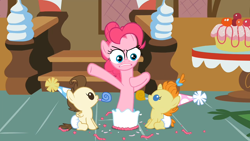 Size: 1280x720 | Tagged: safe, edit, edited screencap, screencap, pinkie pie, pound cake, pumpkin cake, earth pony, pony, baby cakes, babies, baby ponies, cake, diaper, diapered, diapered colt, diapered filly, diapered foals, food, meme, noisemaker, one month old colt, one month old filly, one month old foals, party hats, special eyes, surprise cake, white diapers