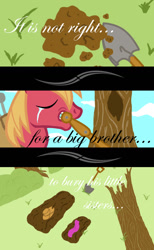 Size: 701x1139 | Tagged: safe, artist:aguantegrimtales, apple bloom, applejack, big macintosh, earth pony, pony, bacon, death, feels, grave, male, memorial, sad, stallion