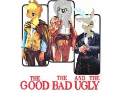 Size: 500x375 | Tagged: safe, applejack, discord, fluttershy, earth pony, pony, bad photomanip, discorded, flutterbitch, the good the bad and the ugly