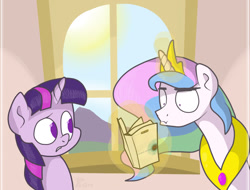 Size: 897x682 | Tagged: safe, artist:trace-101, princess celestia, twilight sparkle, alicorn, pony, 1984, book, illegible, magic