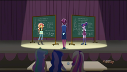 Size: 1366x768 | Tagged: safe, screencap, dean cadance, princess cadance, princess celestia, princess luna, principal abacus cinch, principal celestia, sci-twi, sunset shimmer, twilight sparkle, vice principal luna, acadeca, equestria girls, friendship games, chalkboard, discovery family logo, fancy mathematics, geometry, langley's adventitious angles, math