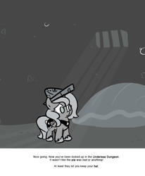 Size: 666x809 | Tagged: safe, artist:egophiliac, princess luna, alicorn, pony, cartographer's cap, dungeon, filly, hat, monochrome, moonstuck, oyster, solo, woona, younger