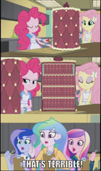 Size: 555x938 | Tagged: safe, edit, edited screencap, screencap, dean cadance, fluttershy, pinkie pie, princess cadance, princess celestia, princess luna, principal celestia, vice principal luna, equestria girls, friendship games, and that's terrible, cake, crossing the memes, inside the cake meme, lex luthor, ms paint