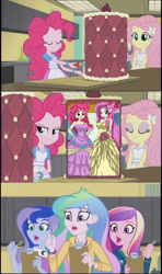 Size: 605x1024 | Tagged: safe, artist:ratachu666, edit, edited screencap, screencap, dean cadance, fluttershy, pinkie pie, princess cadance, princess celestia, princess luna, equestria girls, friendship games, clothes, dress, inside the cake meme, meme