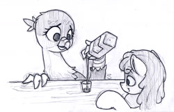 Size: 1430x921 | Tagged: safe, artist:selenophile, berry punch, berryshine, gabby, griffon, alcohol, bartender, monochrome, shot, shot glass, traditional art, whiskey