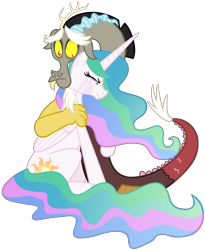 Size: 1710x2088 | Tagged: dead source, safe, artist:poikahorse, discord, princess celestia, alicorn, pony, comforting, crying, dislestia, female, hug, male, sad, shipping, straight