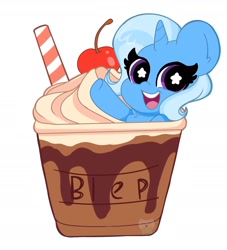 Size: 2000x2200 | Tagged: safe, artist:kittyrosie, derpibooru import, trixie, pony, unicorn, cherry, chest fluff, cute, diatrixes, drink, female, food, frappe, high res, mare, open mouth, playskool, ponies in food, simple background, smiling, solo, starry eyes, straw, whipped cream, white background, wingding eyes