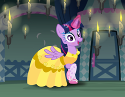 Size: 1020x793 | Tagged: safe, artist:user15432, twilight sparkle, twilight sparkle (alicorn), alicorn, pony, beauty and the beast, belle, candle, candlelight, candlestick, clothes, costume, crossover, disney, disney princess, dress, dress up, dress up game, dressup, female, glowing horn, halloween, halloween costume, holiday, magic, mare, my little pony, princess belle, shoes, stockings, thigh highs