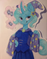 Size: 1080x1350 | Tagged: safe, artist:c_owokie, derpibooru import, trixie, anthro, unicorn, cape, card, clothes, curved horn, female, glowing horn, hat, horn, magic, smiling, solo, telekinesis, traditional art