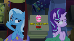 Size: 1280x720 | Tagged: safe, derpibooru import, edit, edited screencap, editor:jaredking203, screencap, starlight glimmer, trixie, pony, unicorn, road to friendship, box, discovery family logo, duo, female, frown, hammock, mare, my little pony logo