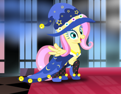 Size: 1020x793 | Tagged: safe, artist:user15432, fluttershy, pegasus, pony, clothes, costume, dress up, dress up game, dressup, female, halloween, halloween costume, hasbro, hasbro studios, hat, holiday, mare, my little pony, shoes, stockings, thigh highs, witch, witch hat, wizard, wizard hat