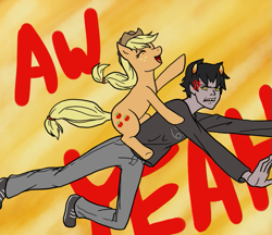 Size: 693x600 | Tagged: safe, artist:kamdensl, applejack, earth pony, pony, troll, angry, cross-popping veins, crossover, duo, eyes closed, female, glare, homestuck, karkat vantas, male, mare, open mouth, ponies riding humans, ponies riding trolls, riding, simple background, smiling, troll (homestuck), yellow background