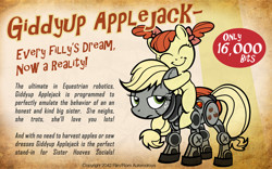 Size: 900x560 | Tagged: safe, artist:pixelkitties, apple bloom, applejack, earth pony, pony, robot, applebot, fallout, fallout 3, giddyup buttercup, hatless, missing accessory, parody, unamused